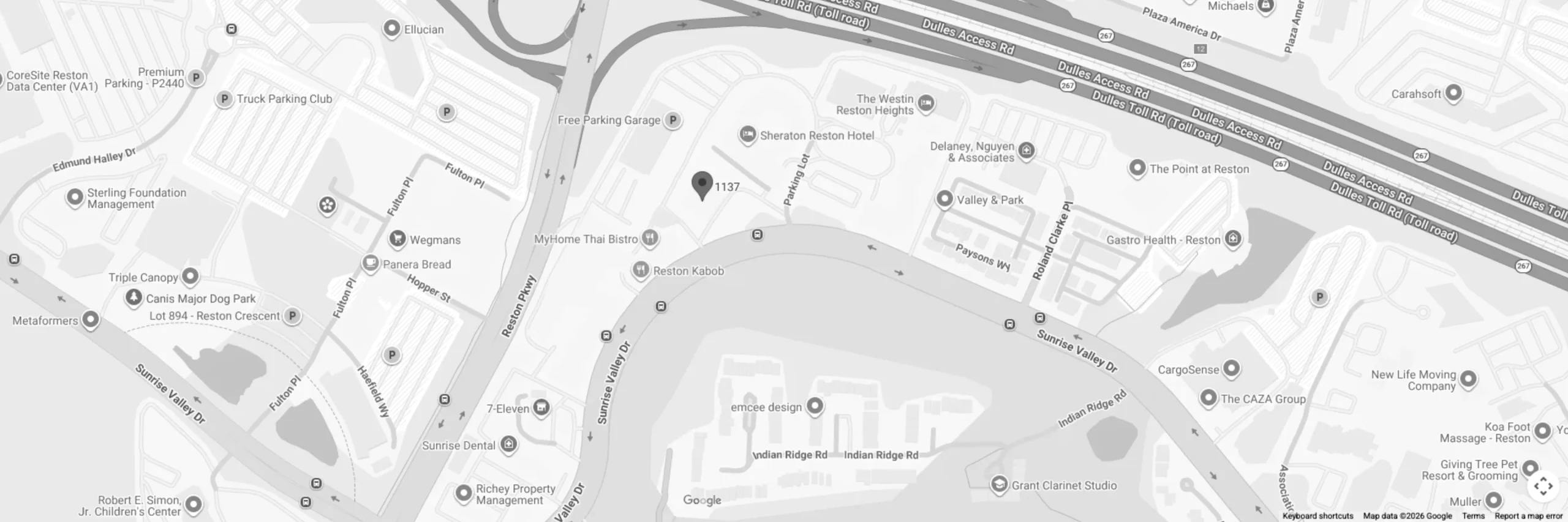 Map showing Reston Heights Dental at 11800 Sunrise Valley Dr. Suite 1137, Reston, VA 20191
